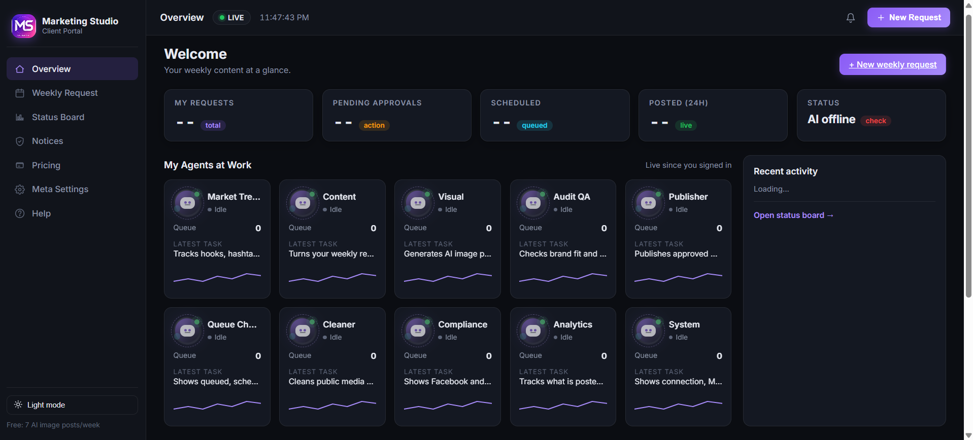 Marketing Studio client portal dark theme dashboard