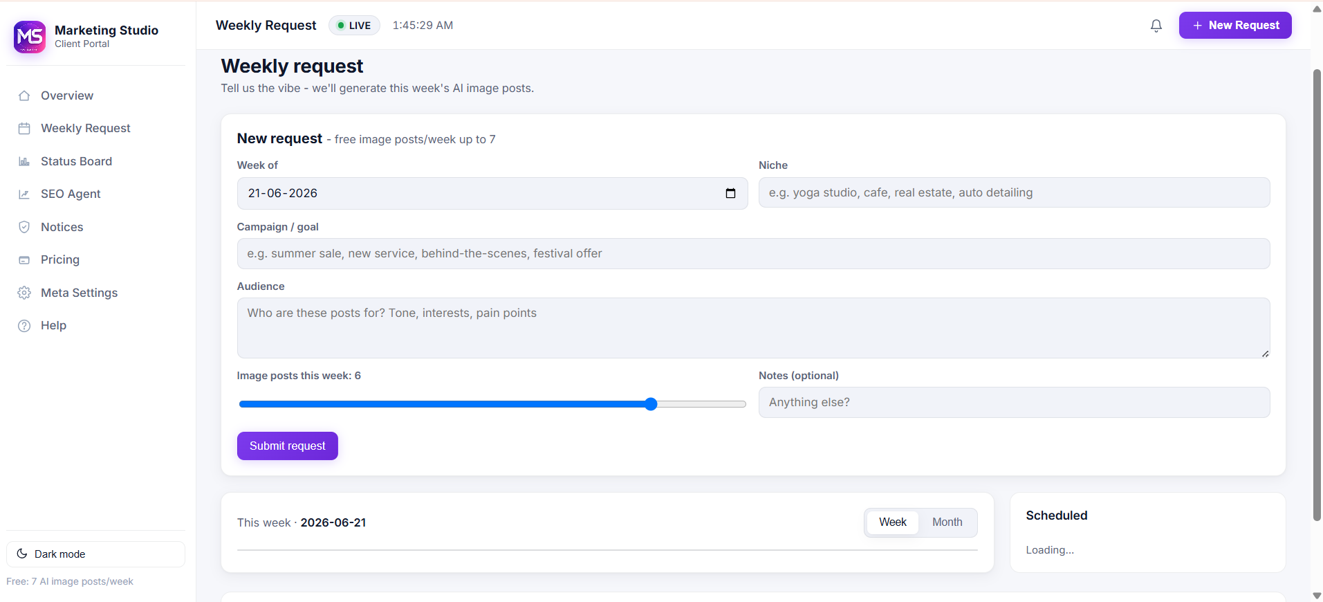 Marketing Studio weekly request screen