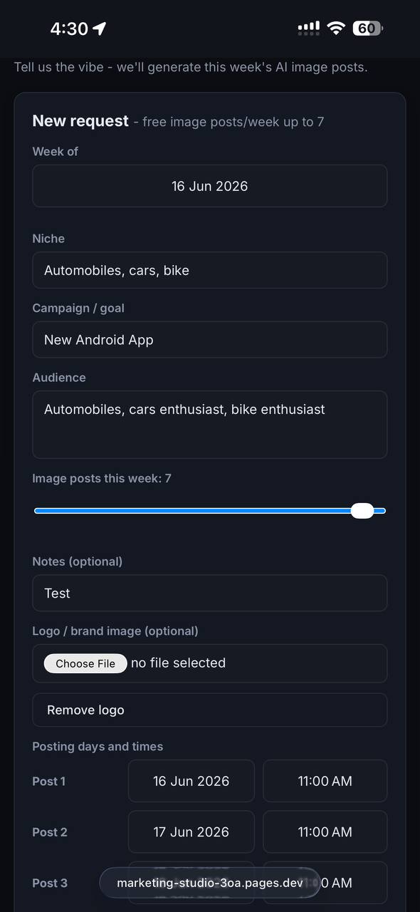 Marketing Studio mobile approval and status screen